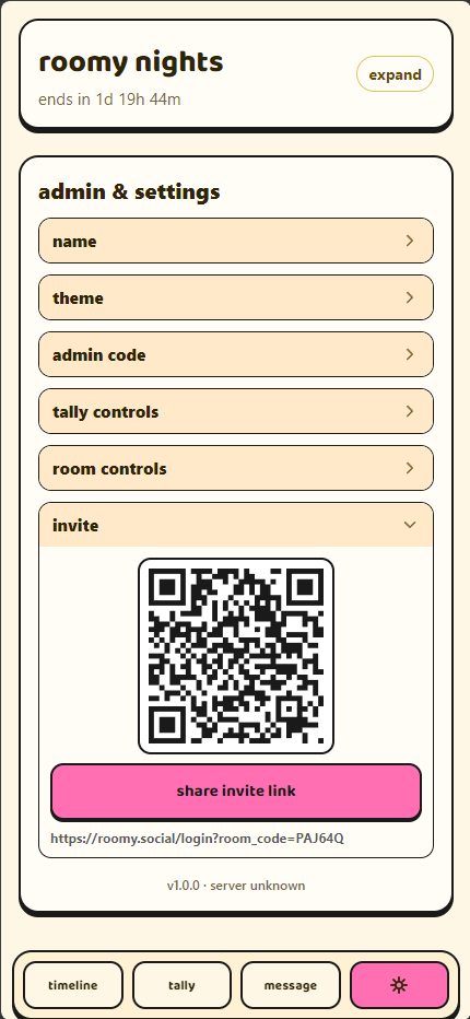 Roomy host settings and invitation tools